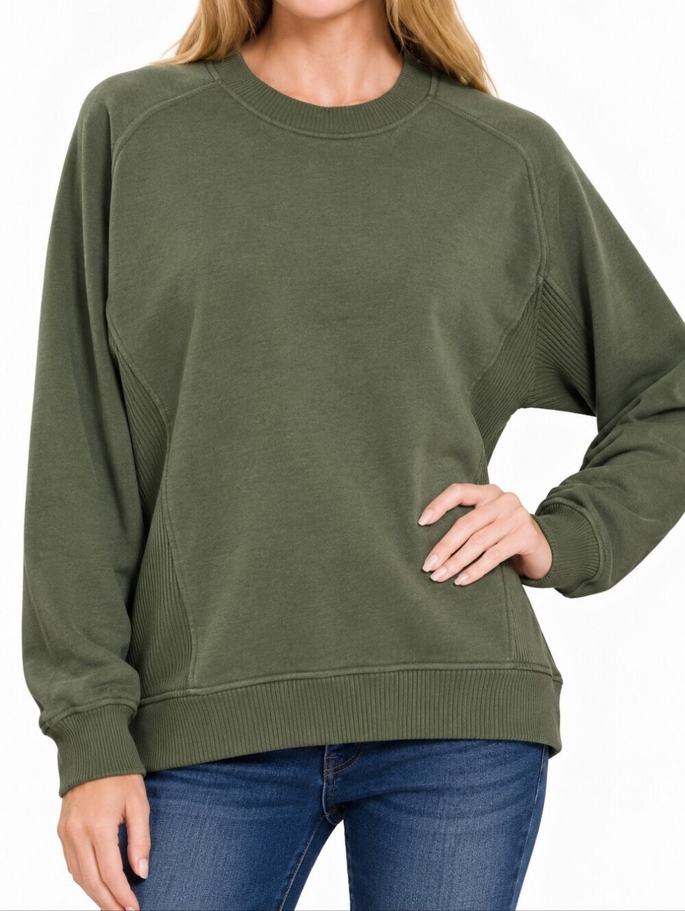 ZENANA Olive Green Ribbed Crewneck Sweatshirt 1X - New Without Tags